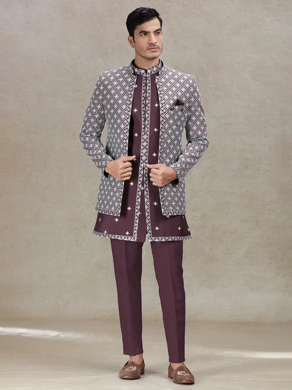 Refined brown wine indowestern with resham