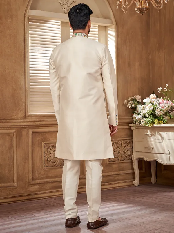 Refined cream raw silk indowestern jacket for men