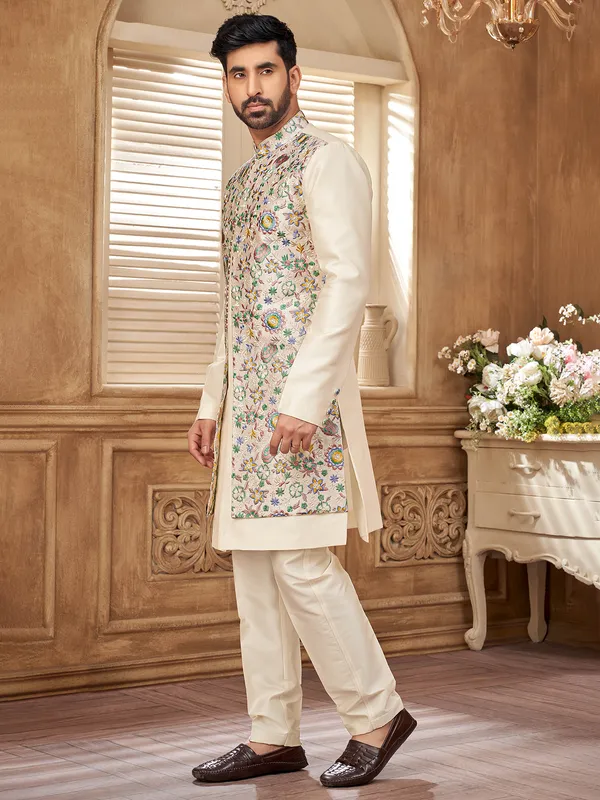 Refined cream raw silk indowestern jacket for men