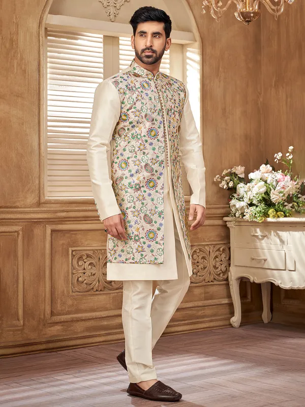 Refined cream raw silk indowestern jacket for men