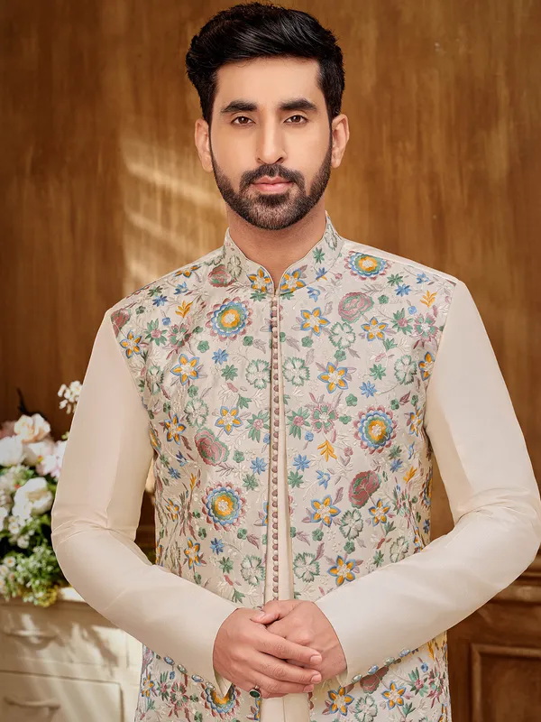 Refined cream raw silk indowestern jacket for men