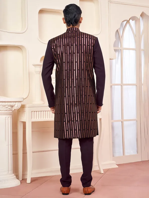 Refined dark wine indowestern with resham stripes