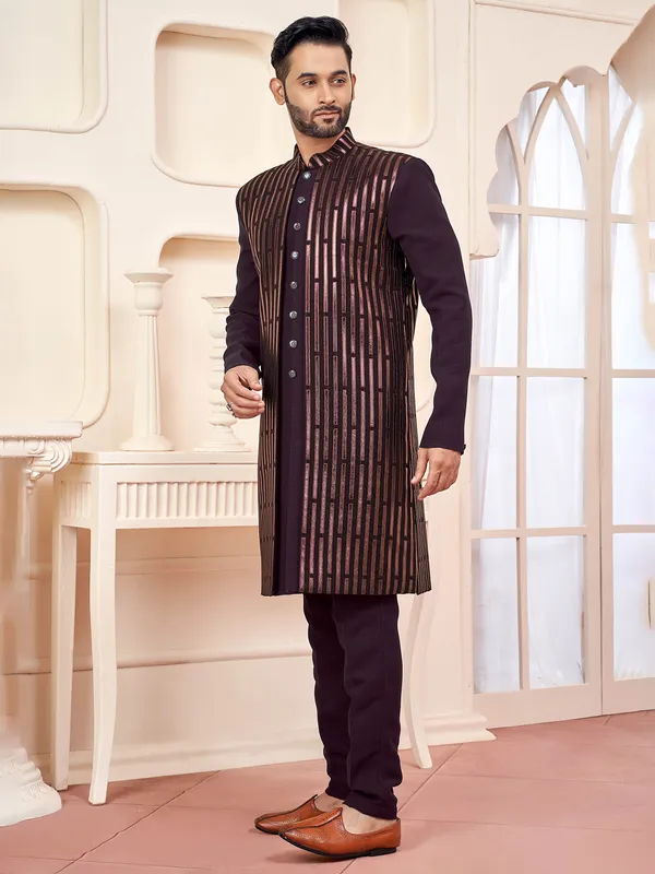 Refined dark wine indowestern with resham stripes