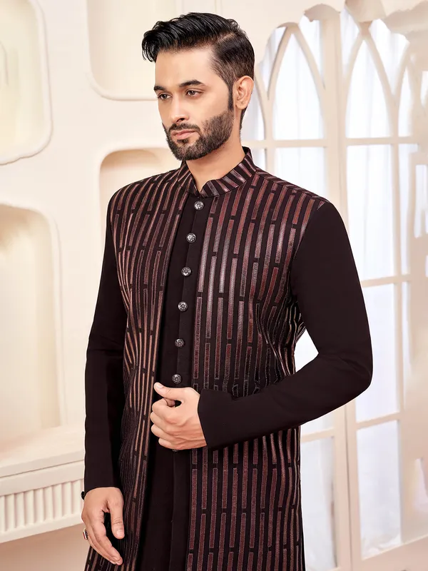 Refined dark wine indowestern with resham stripes