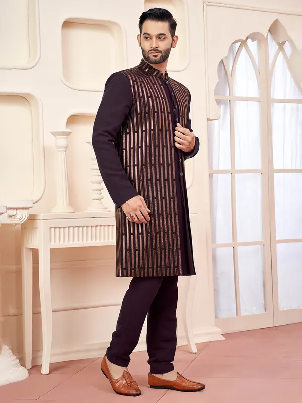 Refined dark wine indowestern with resham stripes