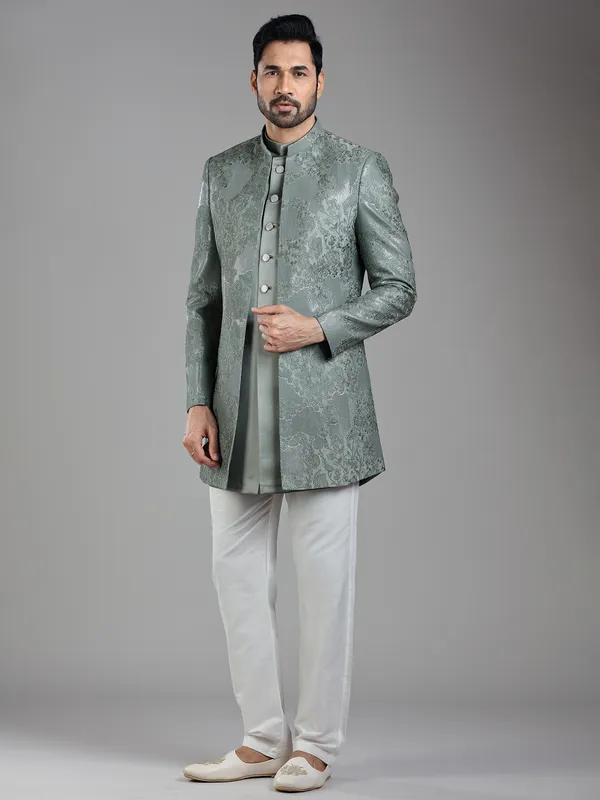 Refined pastel green silk jacket style indowestern for ethnic occasions