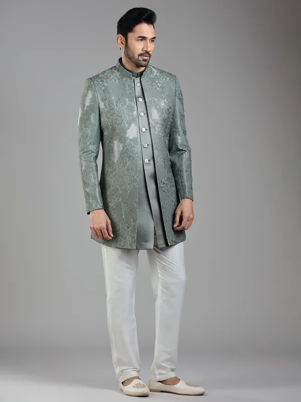 Refined pastel green silk jacket style indowestern for ethnic occasions