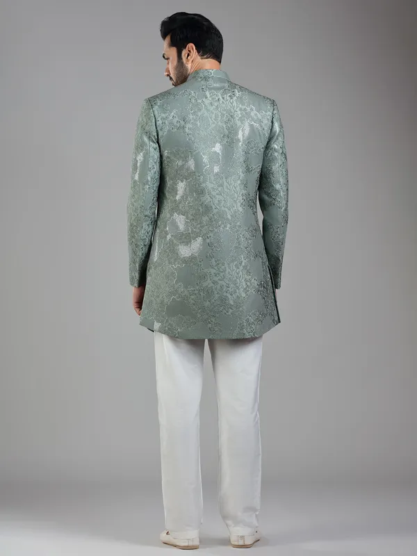 Refined pastel green silk jacket style indowestern for ethnic occasions