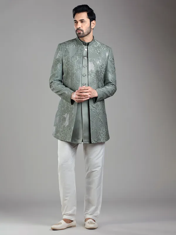Refined pastel green silk jacket style indowestern for ethnic occasions