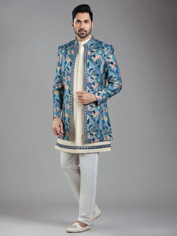Regal blue silk jacket style indowestern with zari work