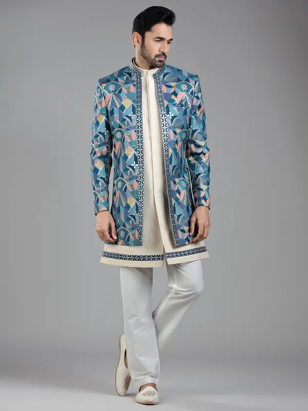 Regal blue silk jacket style indowestern with zari work