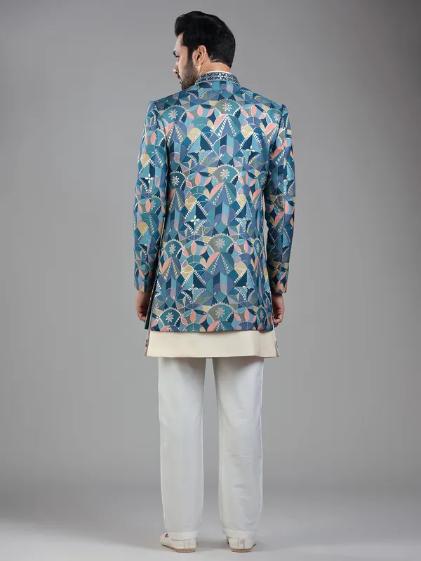Regal blue silk jacket style indowestern with zari work