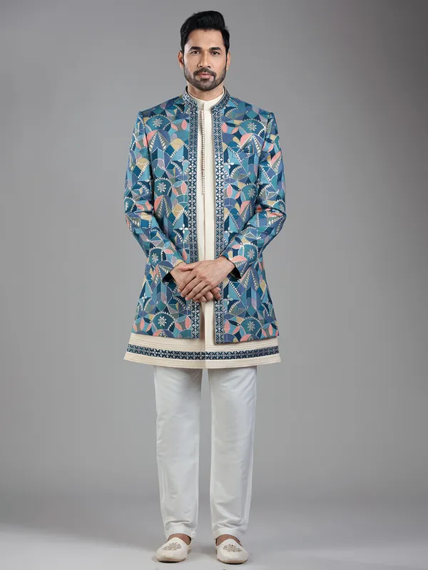 Regal blue silk jacket style indowestern with zari work