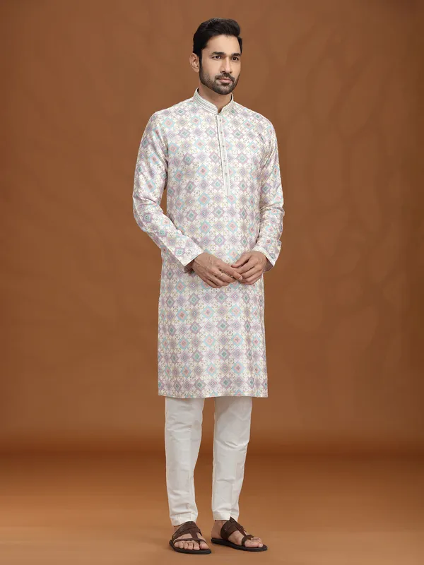 Regal cream purple viscose embroidered kurta suit