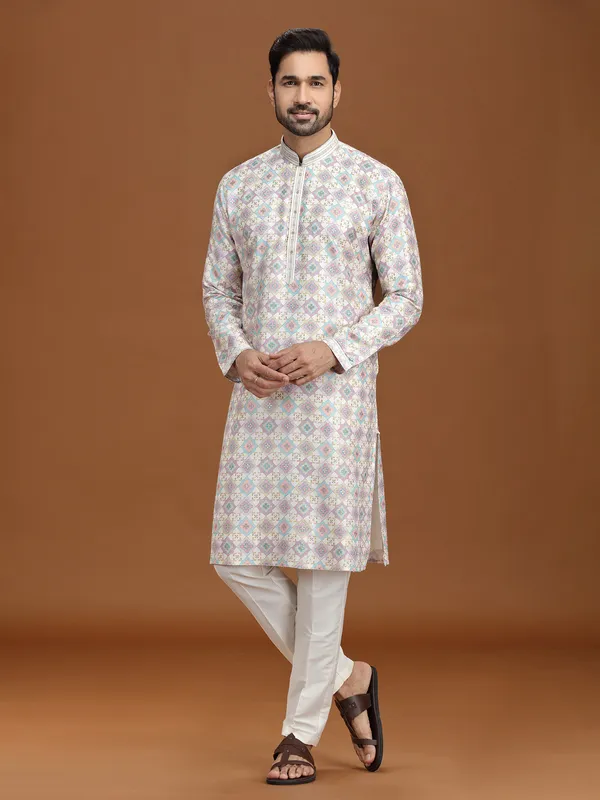 Regal cream purple viscose embroidered kurta suit