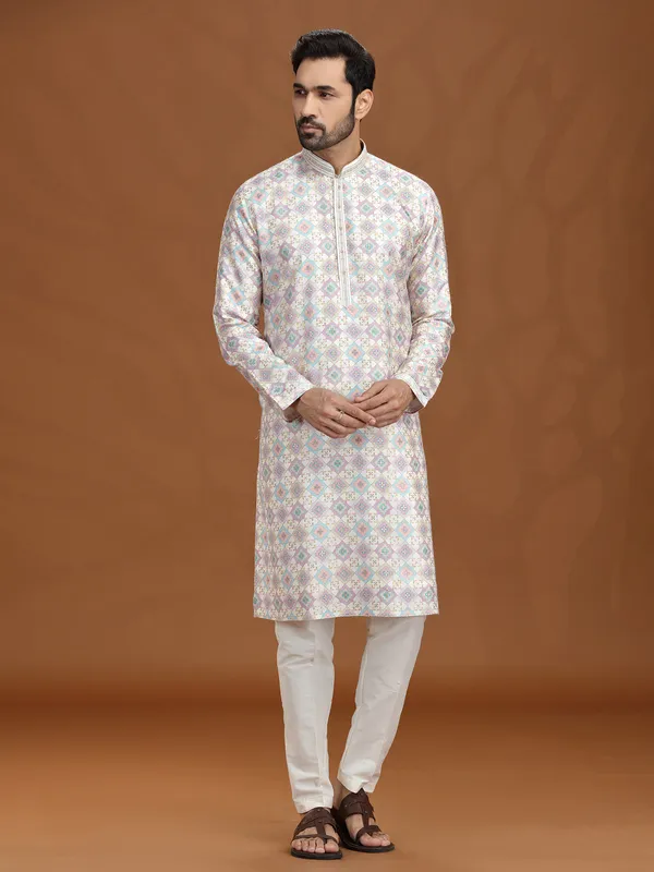 Regal cream purple viscose embroidered kurta suit