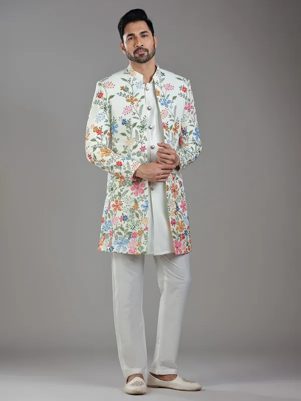 Regal cream silk jacket style indowestern with intricate sequins