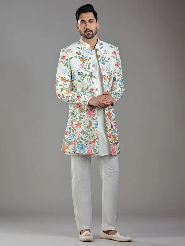 Regal cream silk jacket style indowestern with intricate sequins