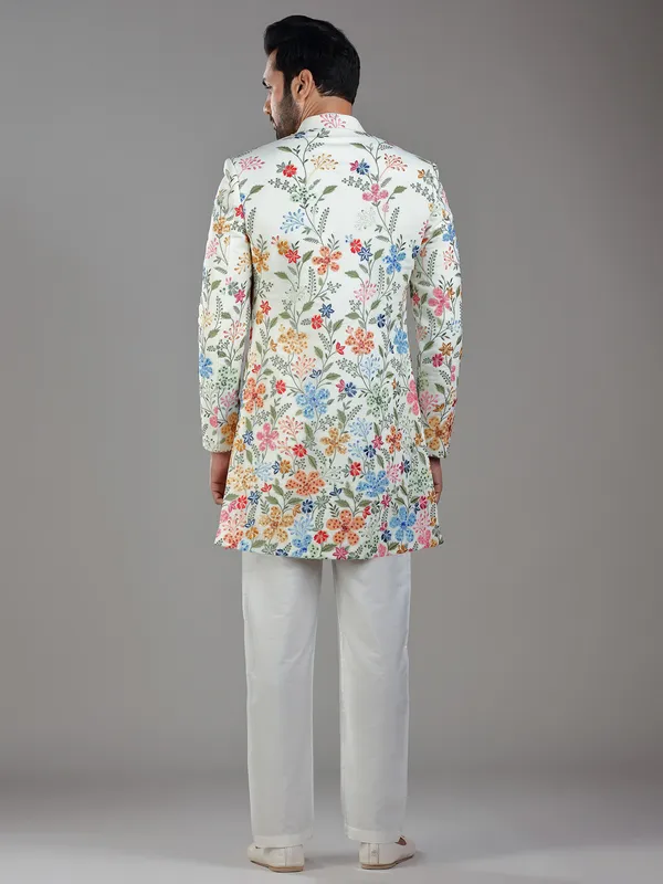 Regal cream silk jacket style indowestern with intricate sequins