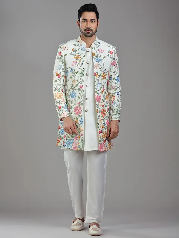 Regal cream silk jacket style indowestern with intricate sequins