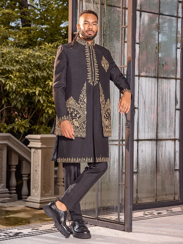 Regal dark grey art silk aabla work indo western