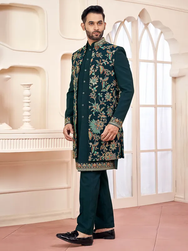 Regal forest green indowestern for wedding opulence