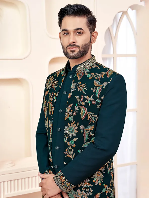Regal forest green indowestern for wedding opulence