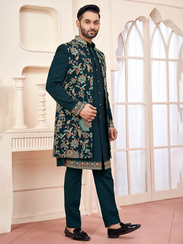 Regal forest green indowestern for wedding opulence