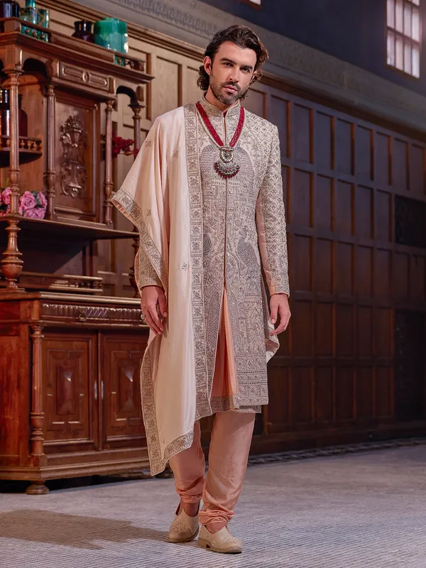 Regal gold peacock pattern art silk sherwani