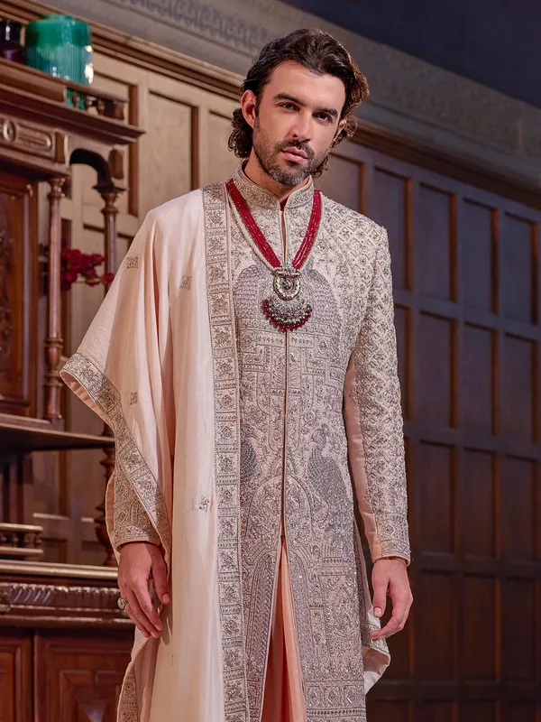 Regal gold peacock pattern art silk sherwani