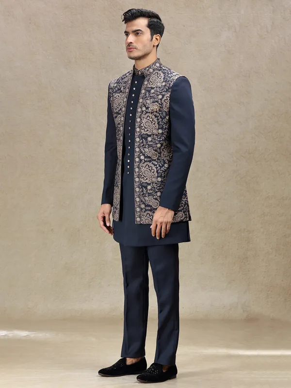Regal navy indowestern for weddings and receptions