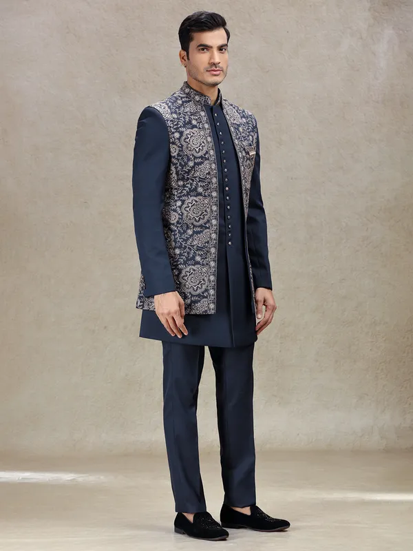 Regal navy indowestern for weddings and receptions