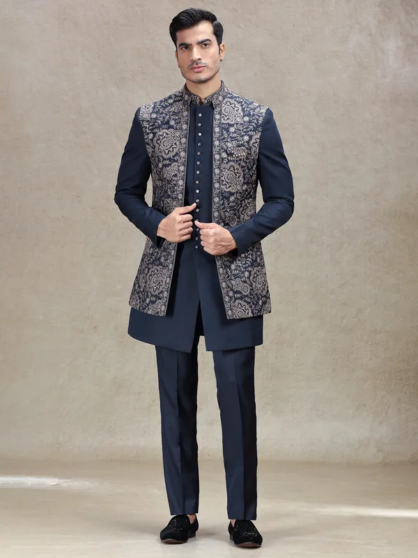 Regal navy indowestern for weddings and receptions