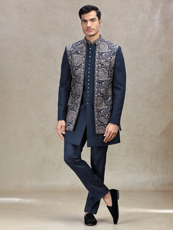 Regal navy indowestern for weddings and receptions