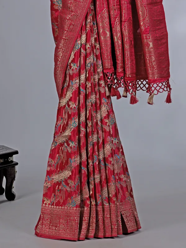 Regal red masru silk saree with zari weaving