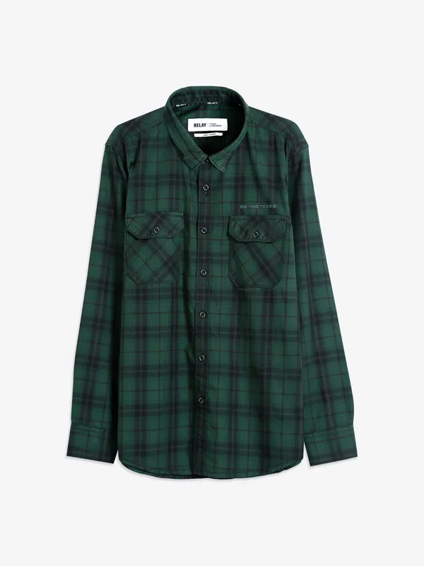 Relay dark green checks shirt in cotton