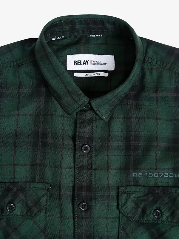 Relay dark green checks shirt in cotton