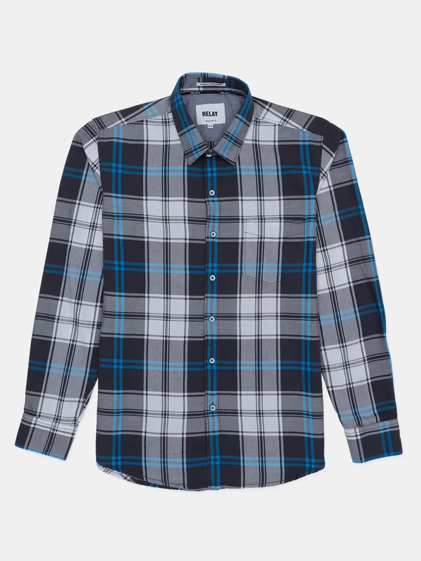 Relay grey cotton checked casual shirt