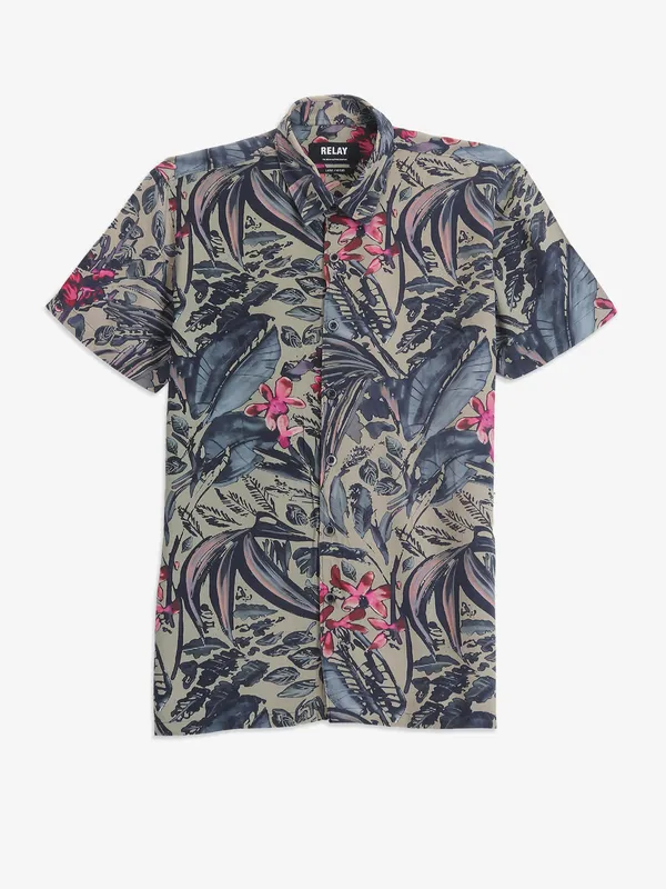 RELAY Khakhi cotton printed shirt