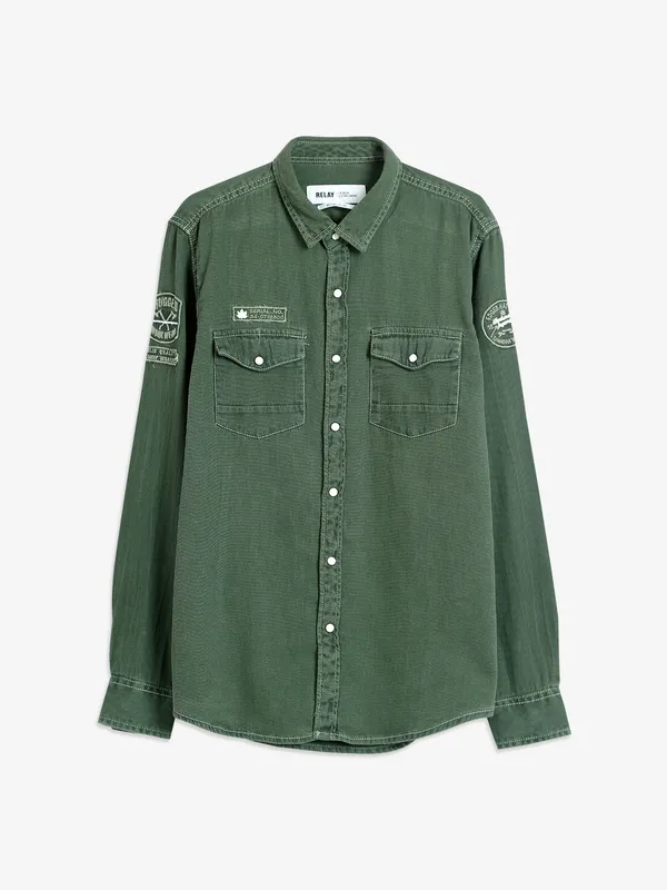 Relay military green plain denim shirt