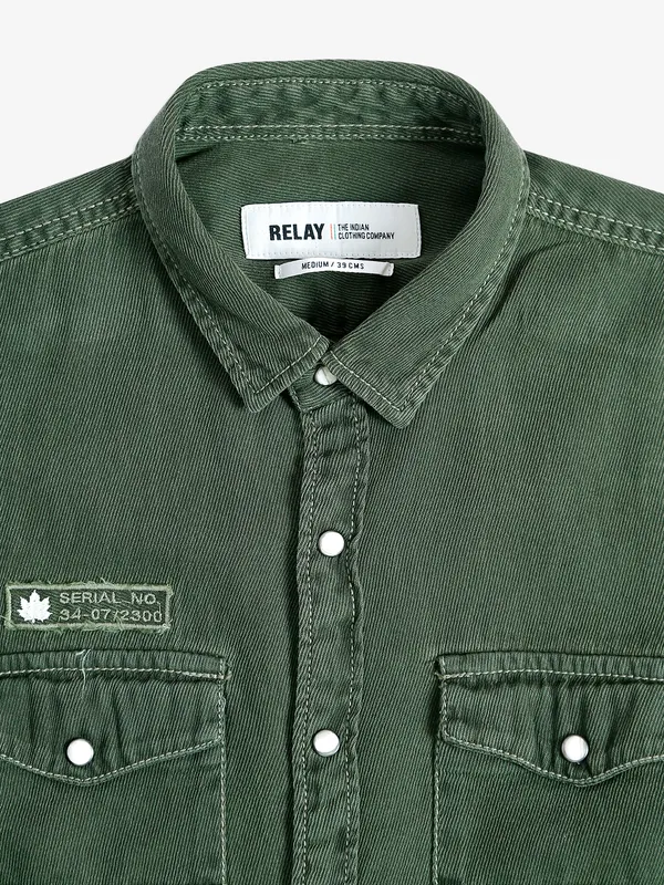 Relay military green plain denim shirt