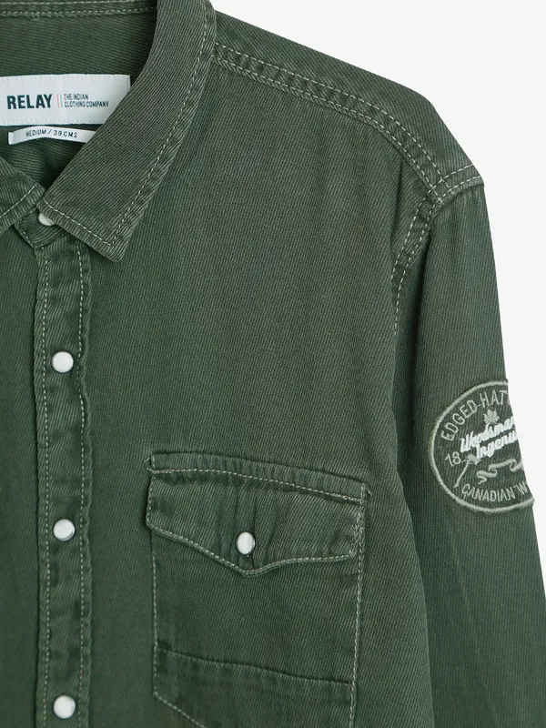 Relay military green plain denim shirt