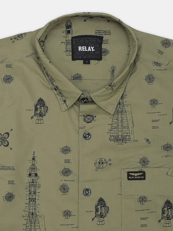 Relay printed olive green shirt for men
