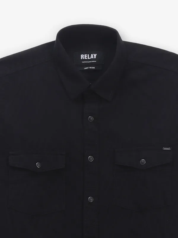 RELAY solid black cotton casual shirt
