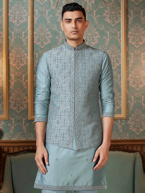 Remarkable sky blue raw silk kurta jacket set