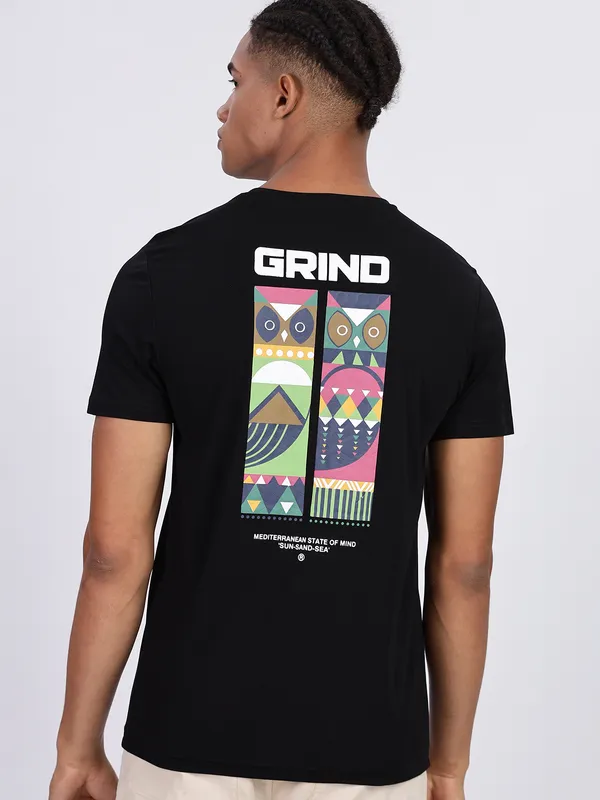 REX STRAUT black printed round neck t-shirt