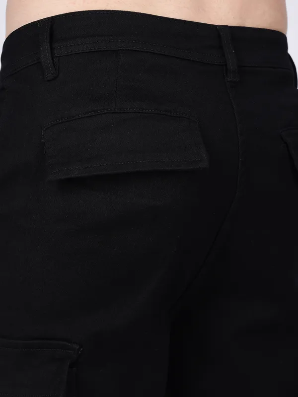 REX STRAUT black solid cargo jeans for mens
