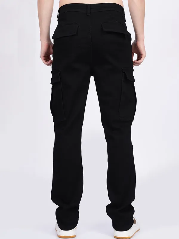 REX STRAUT black solid cargo jeans for mens