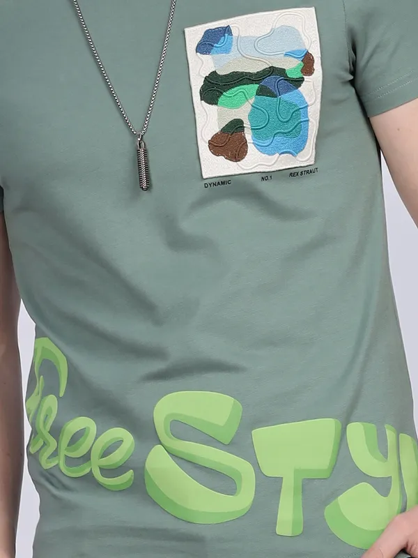 REX STRAUT bottle green printed slim fitt-shirt
