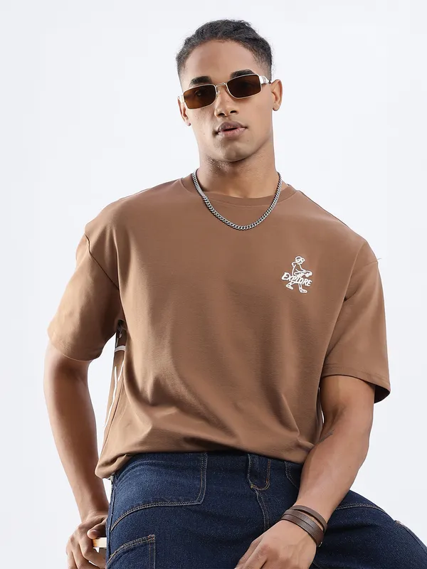 REX STRAUT brown oversized round neck t-shirt